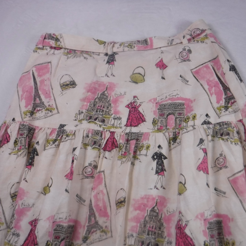 Vintage Paris Novelty Print Button Front Midi Skirt Pink White Eiffel Tower - Picture 3 of 11